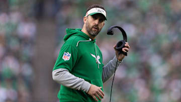 Dec 29, 2024; Philadelphia, Pennsylvania, USA; Philadelphia Eagles head coach Nick Sirianni looks on during the fourth quarter against the Dallas Cowboys at Lincoln Financial Field. Mandatory Credit: Bill Streicher-Imagn Images