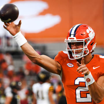 Sept 7, 2024; Clemson, SC, USA; The Clemson Tigers played the Appalachian State Mountaineers in college football Saturday, Sept. 7, 2024. Clemson quarterback Cade Klubnik (2) warms up. 