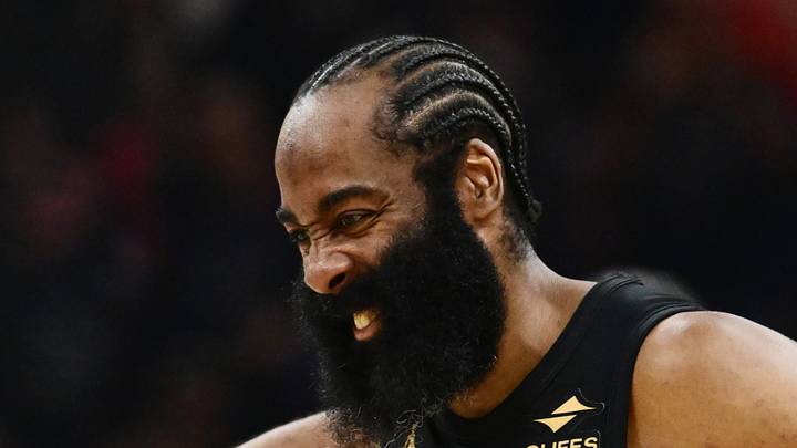 Cleveland Cavaliers guard James Harden (1) reacts after a play against the Toronto Raptors during the second half of game seven in the first round of the 2026 NBA Playoffs at Rocket Arena on May 3, 2026.