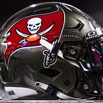 Oct 13, 2024; New Orleans, Louisiana, USA;  Detailed view of the Tampa Bay Buccaneers helmet against the New Orleans Saints during the first half at Caesars Superdome. Mandatory Credit: Stephen Lew-Imagn Images
