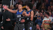Dec 7, 2025; New York, New York, USA;  Orlando Magic guard Desmond Bane (3) reacts to a call in the fourth quarter against the New York Knicks at Madison Square Garden. Mandatory Credit: Wendell Cruz-Imagn Images