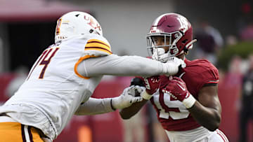 Sep 17, 2022; Tuscaloosa, Alabama, USA;  UL Monroe Warhawks offensive lineman Keydrell Lewis (74) blocks against Alabama Crimson Tide linebacker Keanu Koht (19) at Bryant-Denny Stadium. Alabama won 63-7. Mandatory Credit: Gary Cosby Jr.-Imagn Images