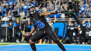 Detroit Lions running back Jahmyr Gibbs celebrates a touchdown against the Minnesota Vikings during the second half at Ford Field in Detroit on Sunday, Jan. 5, 2025.