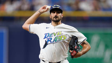 Jun 28, 2024; St. Petersburg, Florida, USA;  Tampa Bay Rays pitcher Zach Eflin (24) throws a pitch against the Washington Nationals in the third inning at Tropicana Field. Mandatory Credit: Nathan Ray Seebeck-USA TODAY Sports