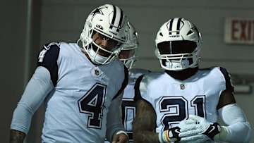 Dec 29, 2022; Nashville, Tennessee, USA; Dallas Cowboys quarterback Dak Prescott (4) and running back Ezekiel Elliott (21) wait to take the field before the game against the Tennessee Titans at Nissan Stadium. Mandatory Credit: Christopher Hanewinckel-USA TODAY Sports