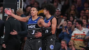 Dec 7, 2025; New York, New York, USA;  Orlando Magic guard Desmond Bane (3) reacts to a call in the fourth quarter against the New York Knicks at Madison Square Garden. Mandatory Credit: Wendell Cruz-Imagn Images