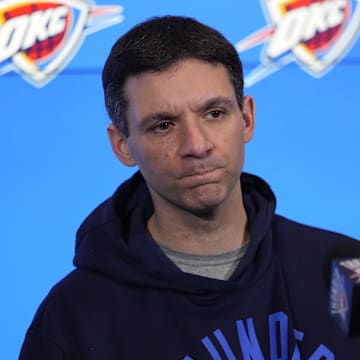 Mar 22, 2024; Toronto, Ontario, CAN; Oklahoma City Thunder head coach Mark Daigneault during a media conference before a game against the Toronto Raptors at Scotiabank Arena. Mandatory Credit: John E. Sokolowski-Imagn Images