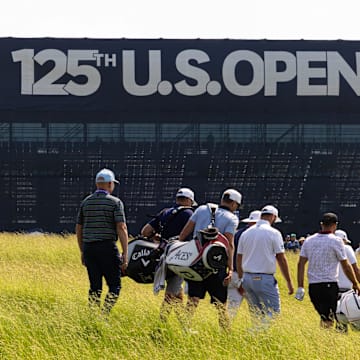 Jun 10, 2025; Oakmont, Pennsylvania, USA; Phil Mickelson  and Tyrrell Hatton and Dustin Johnson and Jon Rahm walks up the on the 16th hole during a practice round for the U.S. Open golf tournament at Oakmont Country Club. Mandatory Credit: Bill Streicher-Imagn Images