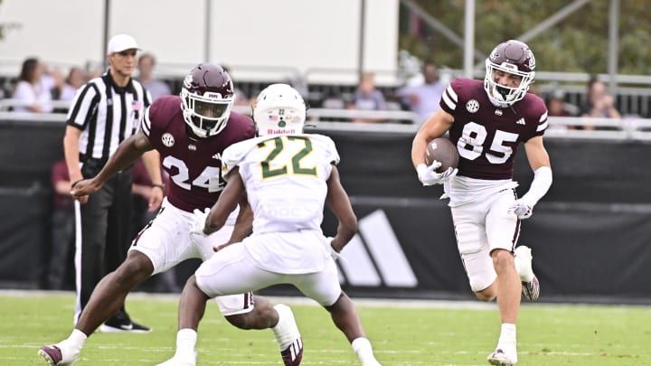 Sep 2, 2023; Starkville, Mississippi, USA;Mississippi State Bulldogs wide receiver Creed Whittemore (85) runs the ball against the Southeastern Louisiana Lions on a play that would result in a touchdown during the fourth quarter  at Davis Wade Stadium at Scott Field. Mandatory Credit: Matt Bush-USA TODAY Sports