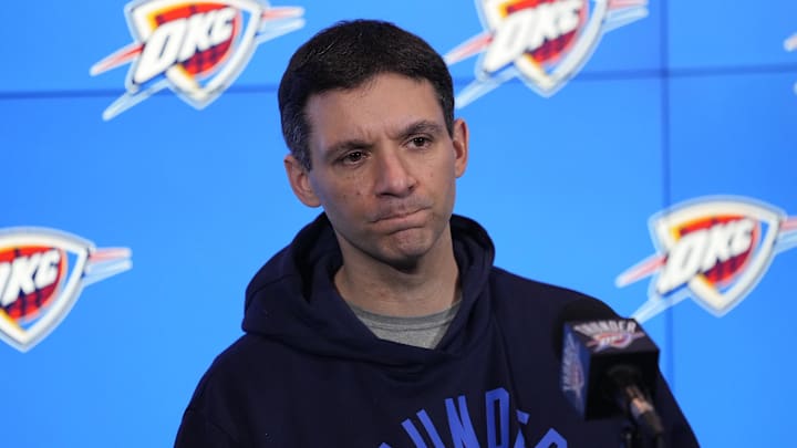 Mar 22, 2024; Toronto, Ontario, CAN; Oklahoma City Thunder head coach Mark Daigneault during a media conference before a game against the Toronto Raptors at Scotiabank Arena. Mandatory Credit: John E. Sokolowski-Imagn Images