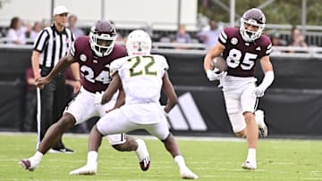 Sep 2, 2023; Starkville, Mississippi, USA;Mississippi State Bulldogs wide receiver Creed Whittemore (85) runs the ball against the Southeastern Louisiana Lions on a play that would result in a touchdown during the fourth quarter  at Davis Wade Stadium at Scott Field. Mandatory Credit: Matt Bush-Imagn Images