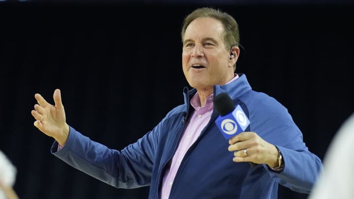 Mar 31, 2023; Houston, TX, USA; CBS broadcaster Jim Nantz reacts during a practice session the day before the Final Four of the 2023 NCAA Tournament at NRG Stadium. Mandatory Credit: Robert Deutsch-USA TODAY Sports