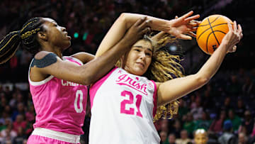 Cal's Michelle Onyaih (left) battles Notre Dame forward Maddy Westbeld 