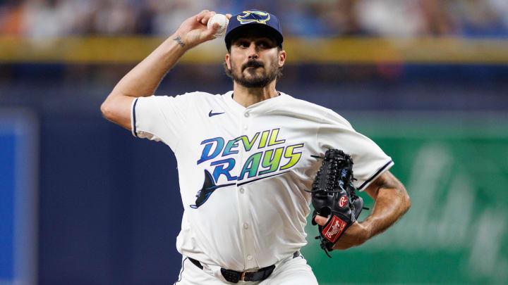 Jun 28, 2024; St. Petersburg, Florida, USA;  Tampa Bay Rays pitcher Zach Eflin (24) throws a pitch against the Washington Nationals in the third inning at Tropicana Field. 