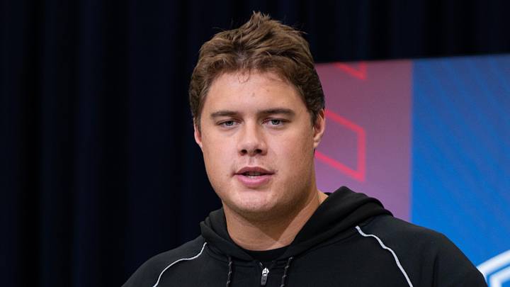 Feb 28, 2026; Indianapolis, IN, USA; Utah offensive lineman Caleb Lomu (OL33) speaks to members of the media during the NFL Combine at the Indiana Convention Center. Mandatory Credit: Jacob Musselman-Imagn Images