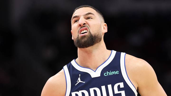 Jan 31, 2026; Houston, Texas, USA; Dallas Mavericks guard Klay Thompson (31) reacts after a play during the first quarter against the Houston Rockets at Toyota Center. Mandatory Credit: Troy Taormina-Imagn Images