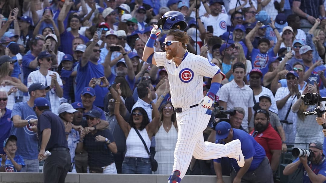 Aug 3, 2025; Chicago, Illinois, USA; Chicago Cubs pinch hitter Justin Turner (3) celebrates his two-run game winning home run against the Baltimore Orioles during the ninth inning at Wrigley Field. Mandatory Credit: David Banks-Imagn Images