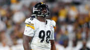 Aug 20, 2022; Jacksonville, Florida, USA;  Pittsburgh Steelers defensive end DeMarvin Leal (98) reacts after a sack against the Jacksonville Jaguars in the fourth quarter at TIAA Bank Field. Mandatory Credit: Nathan Ray Seebeck-USA TODAY Sports