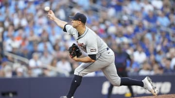 Jul 19, 2024; Toronto, Ontario, CAN; Detroit Tigers starting pitcher Jack Flaherty (9) pitches to the Toronto Blue Jays during the third inning at Rogers Centre. Mandatory Credit: John E. Sokolowski-USA TODAY Sports