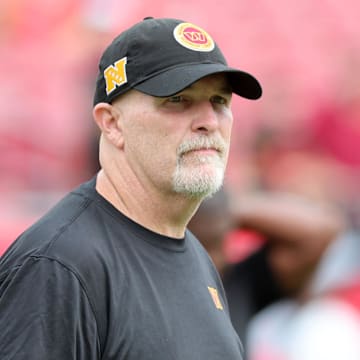 Sep 8, 2024; Tampa, Florida, USA; Washington Commanders head coach Dan Quinn against the Tampa Bay Buccaneers prior to the game at Raymond James Stadium. Mandatory Credit: Kim Klement Neitzel-Imagn Images