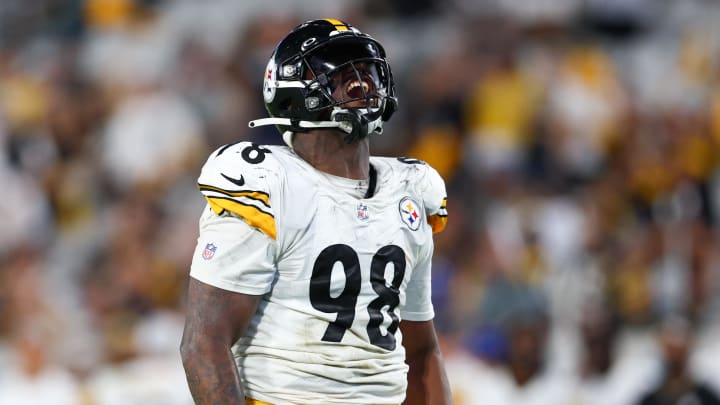 Aug 20, 2022; Jacksonville, Florida, USA;  Pittsburgh Steelers defensive end DeMarvin Leal (98) reacts after a sack against the Jacksonville Jaguars in the fourth quarter at TIAA Bank Field. Mandatory Credit: Nathan Ray Seebeck-USA TODAY Sports