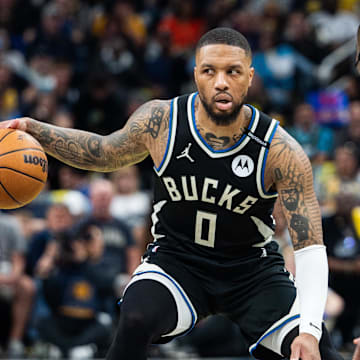 Milwaukee Bucks guard Damian Lillard on Apr 22, 2025.