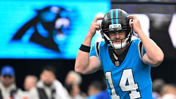 Oct 26, 2025; Charlotte, North Carolina, USA;  Carolina Panthers quarterback Andy Dalton (14) calls a play in the fourth quarter against the Buffalo Bills at Bank of America Stadium. Mandatory Credit: Bob Donnan-Imagn Images