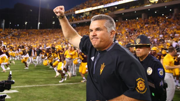 Nov 25, 2017; Tempe, AZ, USA; Arizona State Sun Devils head coach Todd Graham celebrates after defeating the Arizona Wildcats