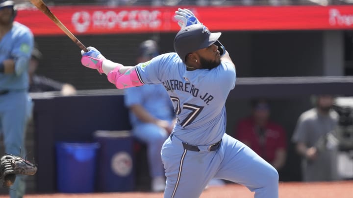 Toronto Blue Jays designated hitter Vladimir Guerrero Jr. hits a double against the Detroit Tigers on Sunday at Rogers Centre.