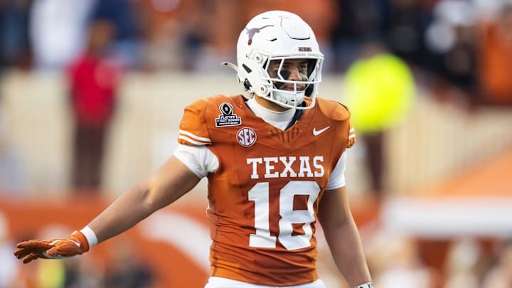 Dec 21, 2024; Austin, Texas, USA; Texas Longhorns linebacker Liona Lefau (18) against the Clemson Tigers during the CFP National playoff first round at Darrell K Royal-Texas Memorial Stadium. Mandatory Credit: Mark J. Rebilas-Imagn Images