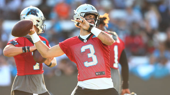 Jul 25, 2019; Spartanburg, SC, USA; Carolina Panthers quarterback Will Grier (3) passes the ball during training camp held at Wofford College. Mandatory Credit: Jeremy Brevard-Imagn Images