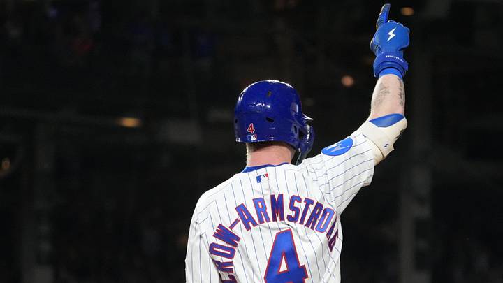 Jun 15, 2026; Chicago, Illinois, USA; Chicago Cubs center fielder Pete Crow-Armstrong (4) gestures after hitting a single to complete the cycle against the Colorado Rockies during the seventh inning at Wrigley Field. Mandatory Credit: David Banks-Imagn Images