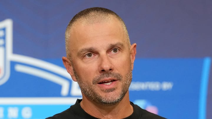 Feb 24, 2026; Indianapolis, IN, USA; Las Vegas Raiders general manager John Spytek speaks at the NFL Scouting Combine at the Indiana Convention Center. Mandatory Credit: Kirby Lee-Imagn Images