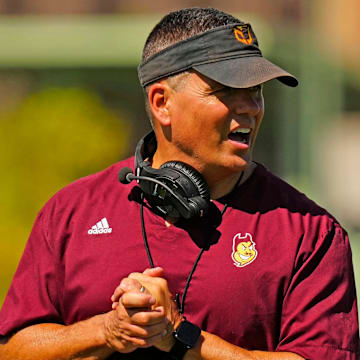 Arizona State defensive coordinator Brian Ward runs a drill for his secondary during the first day of fall practice in Tempe, Ariz. on July 30, 2025.