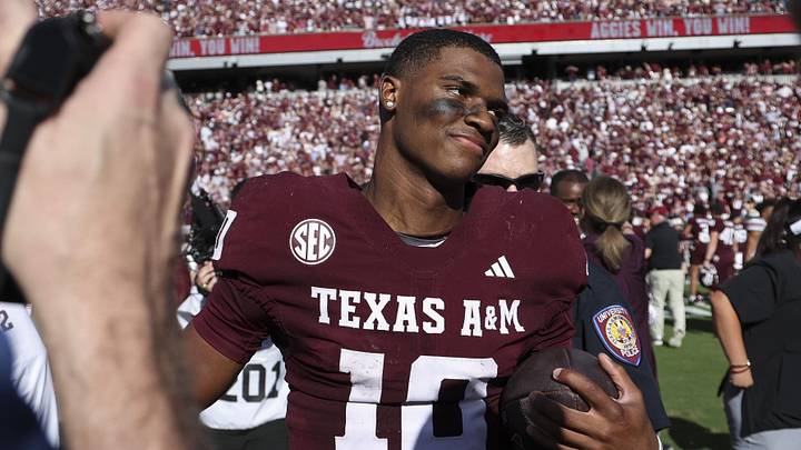 Nov 15, 2025; College Station, Texas, USA; Texas A&M Aggies quarterback Marcel Reed (10) walks on the field after the game against the South Carolina Gamecocks at Kyle Field. Mandatory Credit: Troy Taormina-Imagn Images