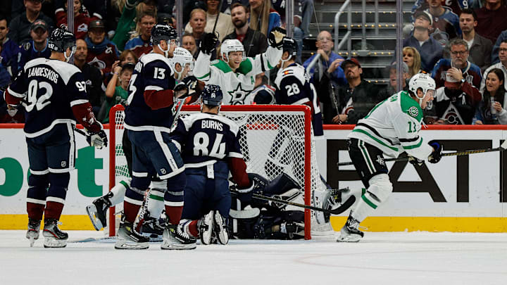 Oct 11, 2025; Denver, Colorado, USA; Dallas Stars right wing Nathan Bastian (11) celebrates after his goal in the second period against the Colorado Avalanche at Ball Arena. Mandatory Credit: Isaiah J. Downing-Imagn Images