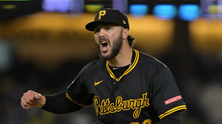 Pittsburgh Pirates starting pitcher Paul Skenes (30) reacts