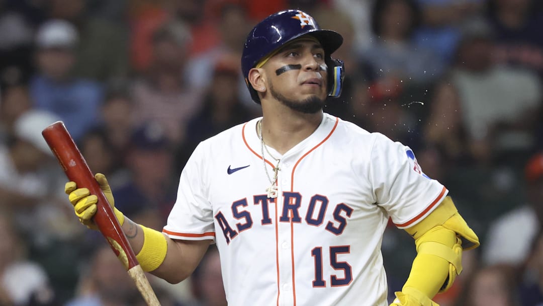 Jul 8, 2025; Houston, Texas, USA; Houston Astros third baseman Isaac Paredes (15) reacts after striking out during the third inning against the Cleveland Guardians at Daikin Park Jul 8, 2025; Houston, Texas, USA; Houston Astros third baseman Isaac Paredes (15) reacts after striking out during the third inning against the Cleveland Guardians at Daikin Park