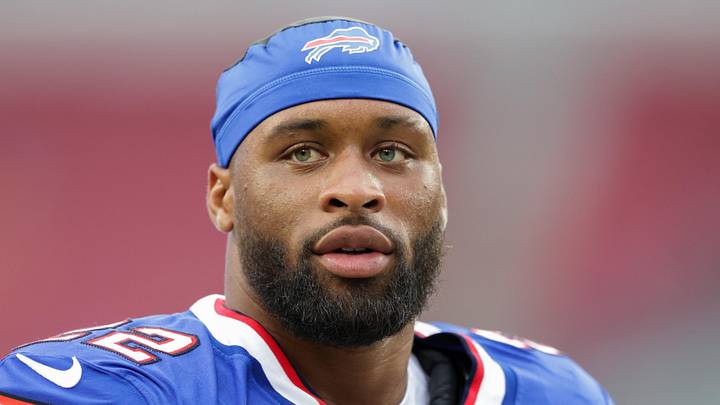 Aug 23, 2025; Tampa, Florida, USA; Buffalo Bills running back Ray Davis (22) looks on before a game against the Tampa Bay Buccaneers at Raymond James Stadium. Mandatory Credit: Nathan Ray Seebeck-Imagn Images