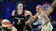 Connecticut Sun guard Marina Mabrey (3) returns the ball against Minnesota Lynx guard Natisha Hiedeman (2) in the first half at Mohegan Sun Arena. 