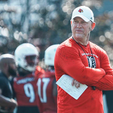 Louisville Cardinals head football coach Jeff Brohm at a morning practice Wednesday. July 30, 2025. The Cardinals' 2024 record: 9–4, 5–3 in the ACC.