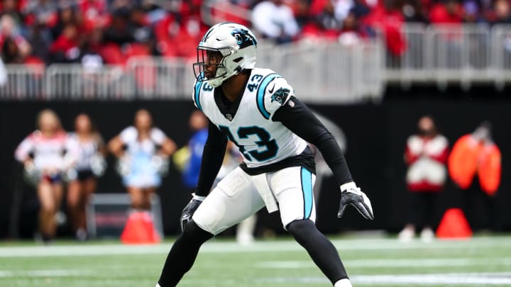 ATLANTA, GA - OCTOBER 31: Haason Reddick #43 of the Carolina Panthers lines up before a play during an NFL game against the Atlanta Falcons at Mercedes-Benz Stadium on October 31, 2021 in Atlanta, Georgia.