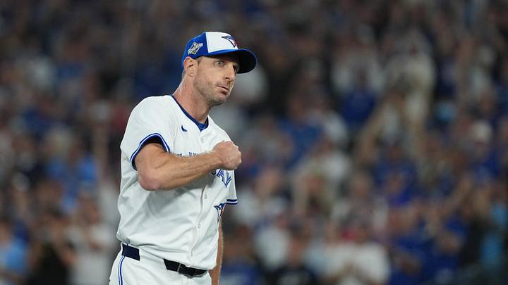 Nov 1, 2025; Toronto, Ontario, CAN; Toronto Blue Jays pitcher Max Scherzer (31) reacts after being relieved against the Los Angeles Dodgers in the fifth inning for game seven of the 2025 MLB World Series at Rogers Centre. Mandatory Credit: Nick Turchiaro-Imagn Images