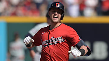 Oct 5, 2024; Cleveland, OH, USA;  Cleveland Guardians outfielder Lane Thomas (8) reacts after hitting a three-run home run against the Detroit Tigers in the first inning in game one of the ALDS for the 2024 MLB Playoffs at Progressive Field. Mandatory Credit: Ken Blaze-Imagn Images