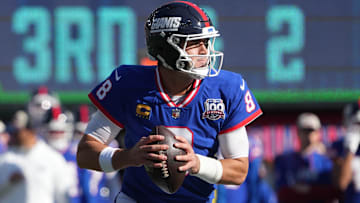 Nov 3, 2024; East Rutherford, New Jersey, USA; New York Giants quarterback Daniel Jones (8) against the Washington Commanders during the first quarter at MetLife Stadium.
