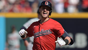 Oct 5, 2024; Cleveland, OH, USA;  Cleveland Guardians outfielder Lane Thomas (8) reacts after hitting a three-run home run against the Detroit Tigers in the first inning in game one of the ALDS for the 2024 MLB Playoffs at Progressive Field. Mandatory Credit: Ken Blaze-Imagn Images