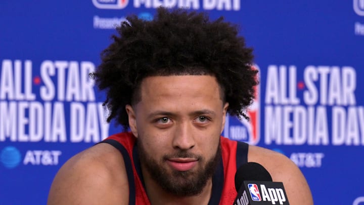 Team USA Stars guard Cade Cunningham (2) of the Detroit Pistons during a news conference for the NBA All Star game at Intuit Dome on Feb 13, 2026.