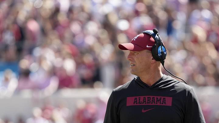 Oct 12, 2024; Tuscaloosa, Alabama, USA;  Alabama Crimson Tide head coach Kalen DeBoer  watches his team play at Bryant-Denny Stadium. Alabama defeated South Carolina 27-25. Mandatory Credit: Gary Cosby Jr.-Imagn Images