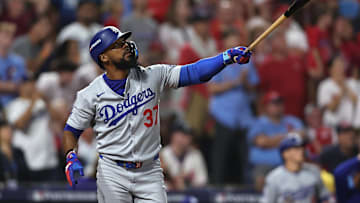 Oct 4, 2025; Philadelphia, Pennsylvania, USA; Los Angeles Dodgers right fielder Teoscar Hernandez (37) watches a three run home run against the Philadelphia Phillies in the seventh inning during game one of the NLDS round for the 2025 MLB playoffs at Citizens Bank Park.