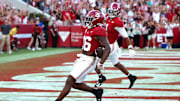 Oct 4, 2025; Tuscaloosa, Alabama, USA; Alabama Crimson Tide running back Jam Miller (26) runs into the end zone late in the second half against the Vanderbilt Commodores at Saban Field at Bryant-Denny Stadium. Mandatory Credit: David Leong-Imagn Images